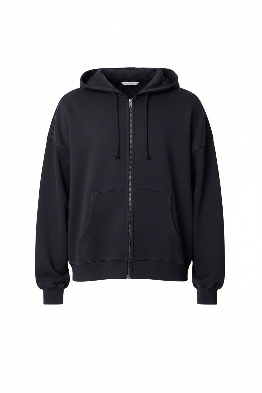 SUDADERA CON CAPUCHA Y CREMALLERA TEJIDO GRUESO · NEGRO LAVADO
