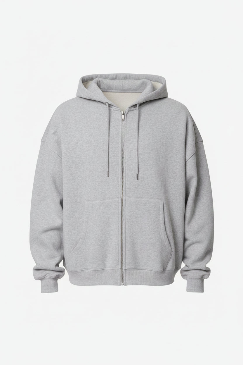 SUDADERA GRUESA GRIS JASPEADA CON CAPUCHA Y CIERRE