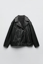 CHAQUETA MOTERA IMITACIÓN CUERO · CINTURÓN AJUSTABLE