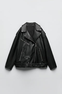 CHAQUETA MOTERA IMITACIÓN CUERO · CINTURÓN AJUSTABLE
