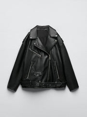 CHAQUETA MOTERA IMITACIÓN CUERO · CINTURÓN AJUSTABLE