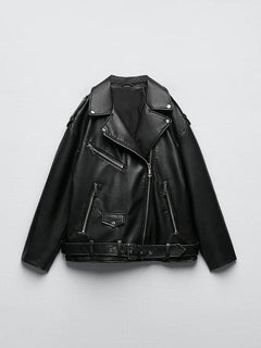 CHAQUETA MOTERA IMITACIÓN CUERO · CINTURÓN AJUSTABLE