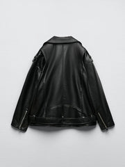 CHAQUETA MOTERA IMITACIÓN CUERO · CINTURÓN AJUSTABLE