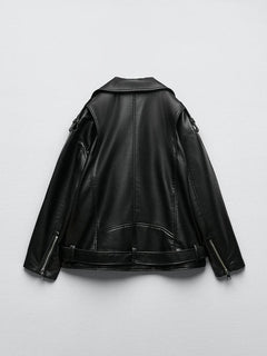 CHAQUETA MOTERA IMITACIÓN CUERO · CINTURÓN AJUSTABLE